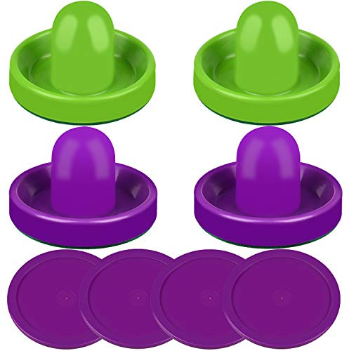 ONE250 Air Hockey Pushers and Purple Air Hockey Pucks, Goal Handles Paddles Replacement Accessories for Game Tables (4 Striker, 4 Puck Pack) (Purple & Green)