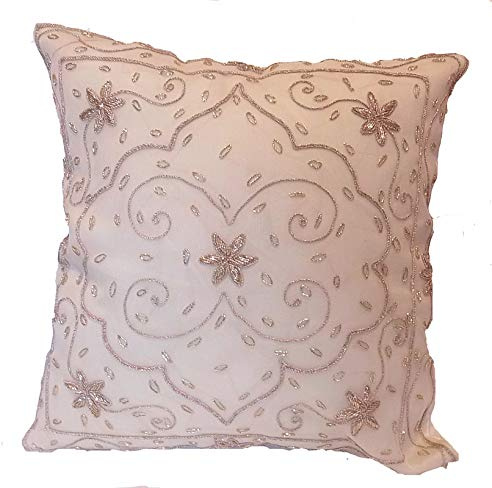 Ornamental Embroidery Cushion Covers Sequin Indian Sari Throw Pillow - 16 x 16 Golden Bullion Indian Hand Embroidery Beautiful Ivory Perfect for Any Occasion, Christmas Holidays Decor.