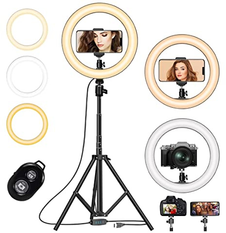AUNEK Luce ad anello con treppiede e supporto per telefono, 25,9 cm, dimmerabile, luce circolare a LED con 3 modalità e 10 luminosità, telecomando Bluetooth per selfie trucco YouTube Video TikTok