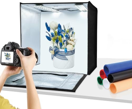 PULUZ Light Box 40 * 40CM Photo Studio Lightbox Kit White Light Dimmable Portable Foldable Shooting Tent for Photography Items with 64 Beads + Soft Cloth + 2 Light Board + 6 Colors Backdrops
