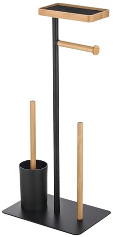 MSV Soporte de WC con escobilla, Soporte para Papel higiénico de bambú, Color Negro, 4 en 1, con Estante para toallitas húmedas y Smartphone Teiki