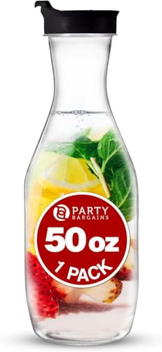 PARTY BARGAINS 50 oz Plastic Carafe with Black Flip-Tab Lid, Clear – 1 Pack Heavy-Duty Spill-Resistant Pitchers for Iced Tea, Juice, Cold Beverages, Powdered Drinks, Mimosa Bar