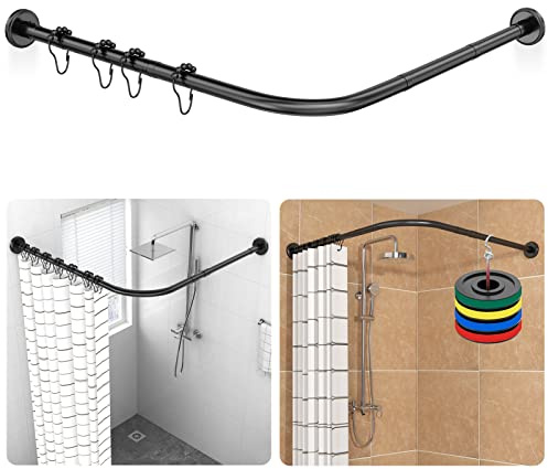 Duschvorhangstange L-Form Schwarz verstellbare Eckduschstange aus Edelstahl | [70-100 cm] × [110-170 cm] mit 18 Edelstahlringen, Bohren oder ohne Bohren montierbar, geeignet für Badezimmer und Badewanne