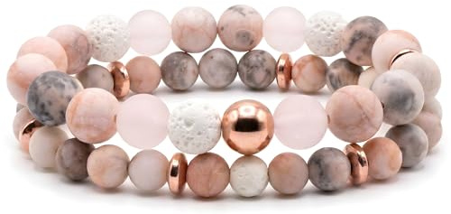 Perlenarmband Set 2 - Natursteine Rosa Zebrajaspis - Amazonite - Rosenquarz- Aquamarin Naturstein Armband Damen Weiß Gemischt mit Geschenkverpackung