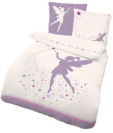 LINKHOFF Bettwäsche 135x200 Kinder Mädchen - Fee Bettwäsche Sterne Flieder - Feen Kinderbettwäsche 135x200 Weiß Violett - Bettbezug aus 100% Baumwolle