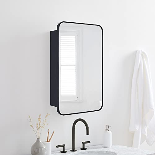 GRACTO 16.5x24 Black Recessed and Surface Mount Bathroom Medicine Cabinet with Mirror Matt Black Metal Framed Rounded Rectangle Medicine Cabinet