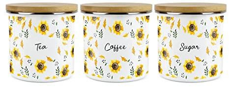 Purely Home Yellow Sunflowers Tea Coffee Sugar Storage Canister Set - White Metal Enamel Kitchen Food Storage Containers