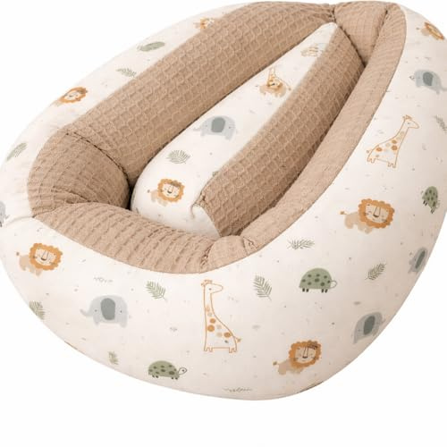 Schlangenmanufaktur® Baby Bettschlange Waffelpique Beige mit Löwe, Giraffe, Elefant - XXL 300x13cm - Handgemacht in Bayern