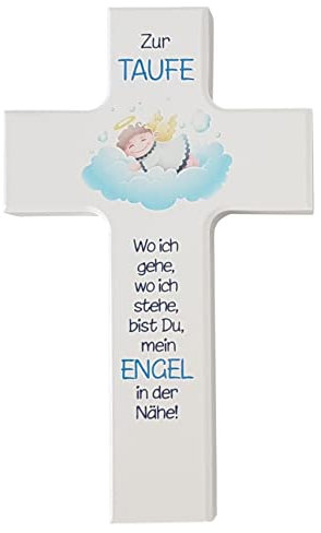MaMeMi Kinderkreuz zur TAUFE oder GEBURT für JUNGEN 15 cm aus HOLZ mit SCHUTZENGEL und Spruch – Taufgeschenk für Buben