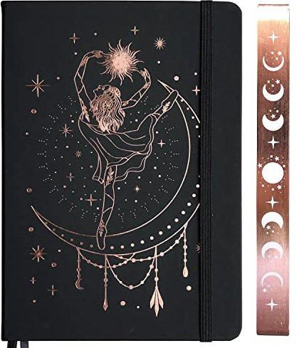 BUKE Dotted Journal - Medium A5 Dot Grid Notebook - 180G Thick Bamboo Paper - 160 Dot Grid Pages 5x5 MM - Black Faux PU Leather Hardcover - Rose Gold Edge And Moons (A5, BLACK)