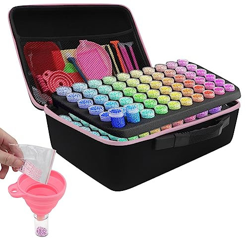Piashow 5D Diamond Painting Zubehör Boxen, Diamond Painting Koffer mit 120 Dosen und Diamant Painting Zubehöhr, Tragbare Diamond Painting Aufbewahrungsbox für Diamant Malerei Zubehör Organizer, Rosa