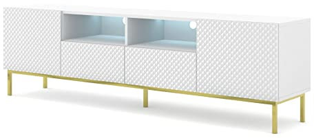 Homlando TV Schrank Lowboard Ravenna CCK Diamant 2D2S 200 cm – Moderner TV-Stand mit Stauraum für das Schlafzimmer oder Wohnzimmer – TV Board Sideboard – Hochglänzendes Weiß und Rautenstruktur