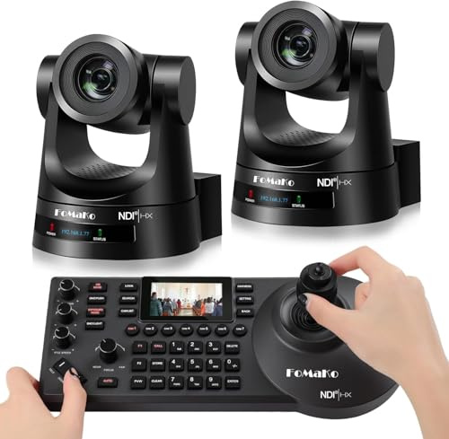 FoMaKo NDI PTZ Camera, AI Auto-Tracking Gen 3, 20X Optical Zoom PoE HDMI Camera for Church Worship, PTZ Controller, BN202 (Bundle KN20Ax2+KC608)
