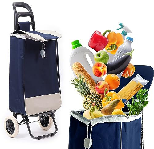 40Liter Wasserabweisender Trolley Einkaufstrolley Klappbar, Shopping Trolley, Einkaufswagen Faltbar, Einkaufstasche mit 2 Rädern, Einkaufskorb mit Rollen (Dunkelblau)
