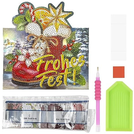 Ideen mit Herz Diamond-Painting-Aufstellkarte | 370 g/m² | 16,3 cm x 16 cm | inkl. Briefumschlag & Werkzeug (Nikolausstiefel | Frohes Fest)