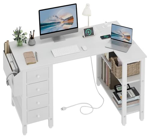 Lufeiya Escritorio Esquinero con 4 Cajones y Enchufes,Mesa Escritorio en L 120X50CM,Escritorio Blanco para Oficina Juveniles Estudio Gaming (Enchufes Europea)