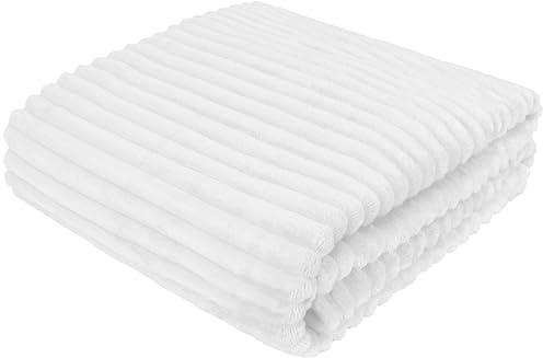 Cotton Market Weiße Wohndecke 170 x 210 cm Flauschig Weiche Kuscheldecke mit Streifenprägung Ideal für Sofa Bett und Wohnzimmer Dekorativ