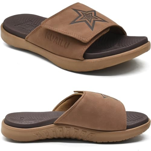 KuaiLu Slide herr sport sandaler herr sport sandaler läder justerbara tofflor fotvalvsstöd sandaler öppen tå strandskor och sommarpool, Kaki Braun N, 43 EU