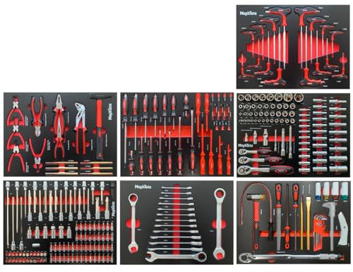Mephisto 7 Werkzeugeinlagen Werkzeug wie Ratschen-Set, Schraubendreher, Ring-Ratschen, Maulschlüssel, Steckschlüssel, Drehmomentschlüssel, Zangen- Set in Soft Inlay mit Carbon Lock