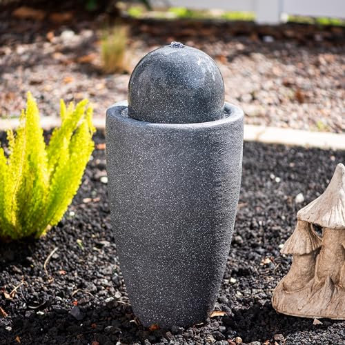 XBrand - Fuente de Agua Redonda de 26 Pulgadas de Ancho para Interiores y Exteriores con Textura de Piedra Moderna con Luces LED, decoración de Fuente de Agua de Bola, Fuente de Esfera de jardín,