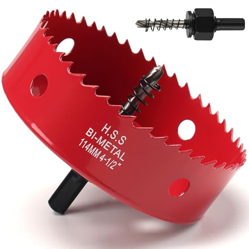 Trähålsåg 114 mm, bi-metall hålsåg, metallhålskärare med sexkantig adapter och centreringsborr för järn, aluminium, trä, gips, röd