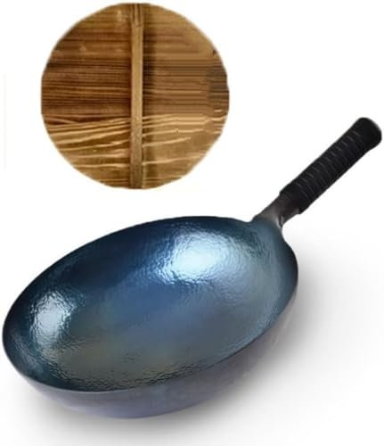 LRTYZBD Wok de acero al carbono martillado a mano, wok de hierro con polvo de fondo redondo, olla antiadherente sin revestimiento con tapa de madera, sartén de hierro pre-sazonado, 32 cm
