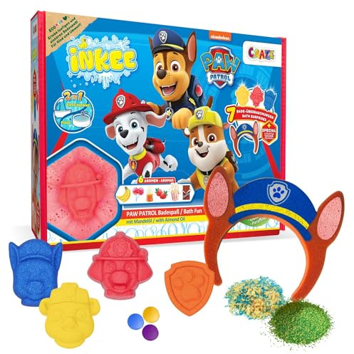 INKEE - Caja regalo Paw Patrol | set de baño niños - 7 aditivos de baño para niños, Pawpatrol bombas de baño y sales de baño infantiles diferentes fragancias + accesorio
