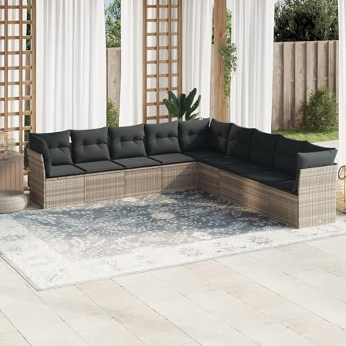 Juroupi 9-TLG. Garten-Sofagarnitur mit Kissen Gartengarnitur Lounge GartenmöBel GartenmöBel Set Lounge MöBel Outdoor Hellgrau Poly Rattan - 3217782