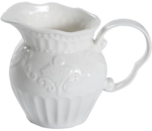 GUHPZA Jarra de cerámica Antigua con Relieve para Leche, diseño de Flores Simples en Relieve, Jarra de cerámica para café y Leche, Jarra para espumar Leche con asa, Color Blanco