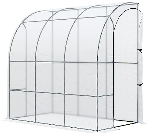 7' x 4' x 7' Outdoor Lean to Greenhouse, Walk-in Green House Plant Nursery with Roll-up Window, PE Cover, White