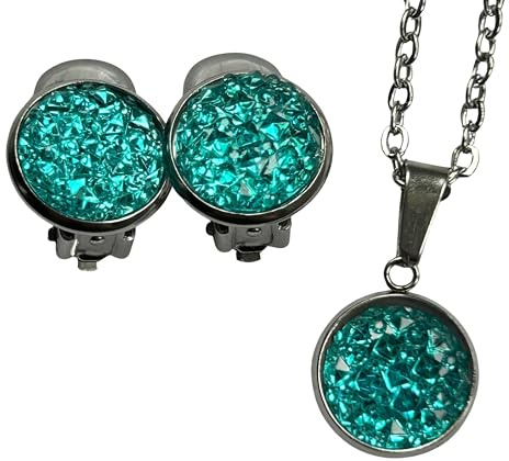 Edelstahl Schmuckset grün türkis blau mit Halskette, Ohrstecker ODER Ohrclips (mit Ohrclips)