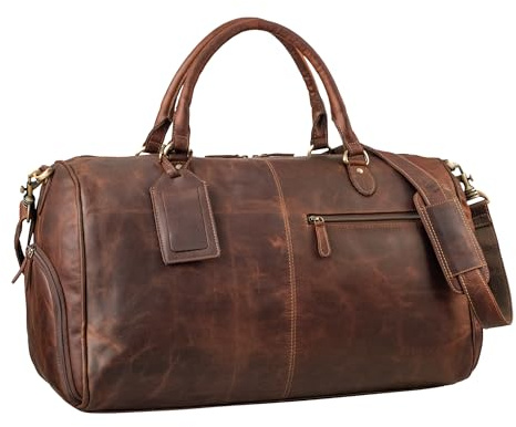 STILORD Jermaine Vintage Leder Reisetasche Groß Handgepäck Weekender Damen Herren Duffle Bag Echt Leder-Tasche Travel Bag zum Umhängen Wochenend Tasche mit Schuhfach Farbe:Cognac - Dunkelbraun