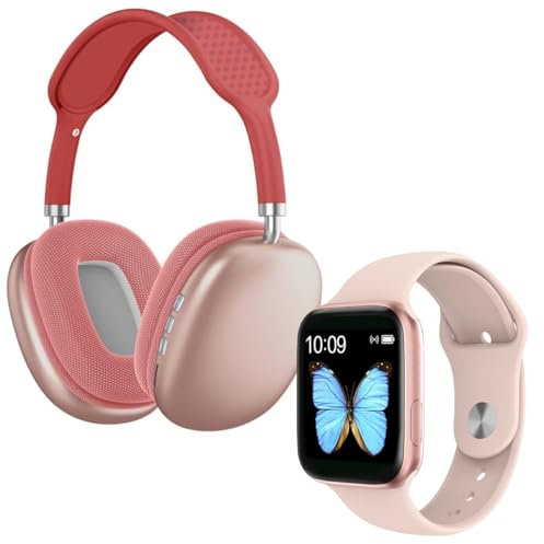 Pack Reloj Inteligente Deportivo con Auriculares Bluetooth Inalámbricos, Monitor de Ritmo Cardíaco, Resistente al Agua, Control de Actividad, Bluetooth 5.0 (Rosa)