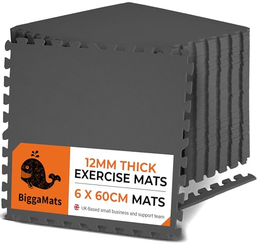 BIGGAMATS | 12mm EVA Foam Fitness Interlocking Floor Exercise Mat 60 cm x 12 | Non-Slip Workout Mats for Home Workouts, Gym, Yoga, & Training | Black Gym Flooring for Indoor and Outdoor Use