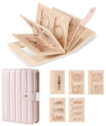 Lolalet Reise Schmuck Organizer mit transparente Schmuck Tasche für Ohrringe Armband Halskette Ring, kompakte Aufbewahrungsbox Schmuckrolle mit Spiegel- Rosa