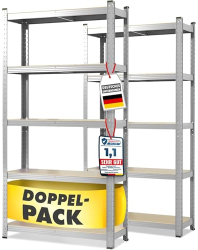 OfficeMarshal Doppelpack Schwerlastregale verzinkt, 180 x 90 x 40 cm | Steckregal, Lagerregal, Standregal, Stecksystem ohne Werkzeug montierbar (Lakota)