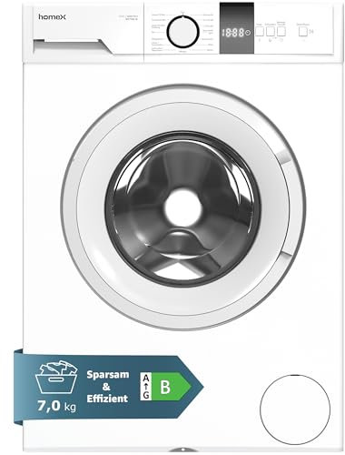 homeX Waschmaschine 7kg | Frontlader mit 1200 U/Min. | Inverter Motor - Leise & Effizient | AquaStop - Schutz vor Wasserschäden | Schontrommel | Washing Machine mit 15 Programmen | EEK B | WF712B-W