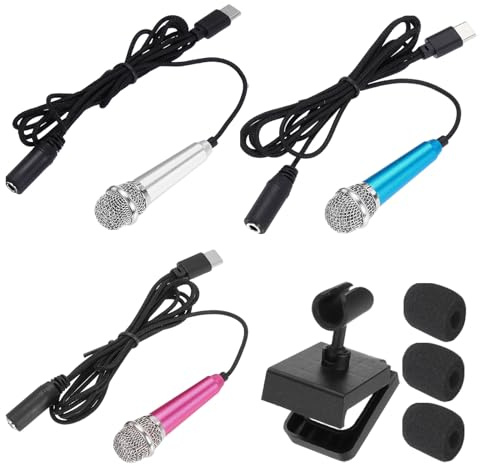 sourcing map 3 Pcs Mini Microphone, Mini Mic Tiny Microphone Phone Type C Mic Small Microphone with Bracket, Sponge Cover for Record Phone Voice, Silver/Hot Pink/Blue