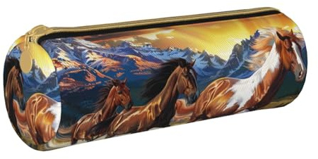 BNVSADC Trousse à crayons ronde en cuir avec imprimé chevaux en cours d'exécution pour l'école, le bureau, les voyages, blanc, Taille unique, Trousse de maquillage