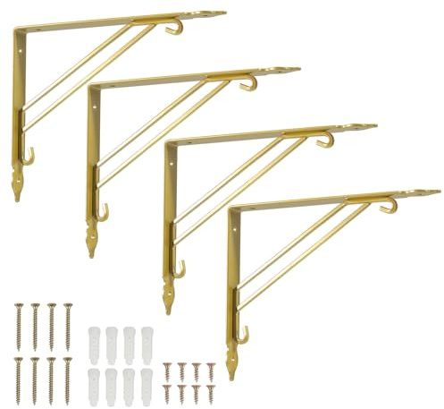 Goldene Regalhalterungen für Gerüstbretter, Messing, strapazierfähig, 19,1 | 19,1–30,5 cm Board kompatibel, maximale Belastung 29,9 kg, dreieckiges Regal, mit Schrauben, für Wohnzimmer, Küche