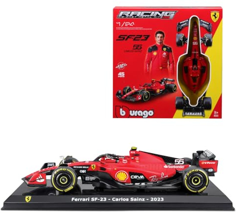 Bburago Formel 1 KIT Ferrari SF23 (2023): Modellauto Bausatz im Maßstab 1:24, 45-teilig, von Fahrer #55 Carlos Sainz, Window Box, 27cm, schwarz-rot (18-26852)