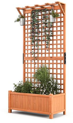 RELAX4LIFE Blumenkasten mit Rankgitter & Dach, Tannenholz-Pflanzkasten mit Spalier & Entwässerungslöcher, Blumenkübel Gartenspalier Rankkasten für Garten, Balkon & Terrasse (90 x 44,5 x 183,5 cm)