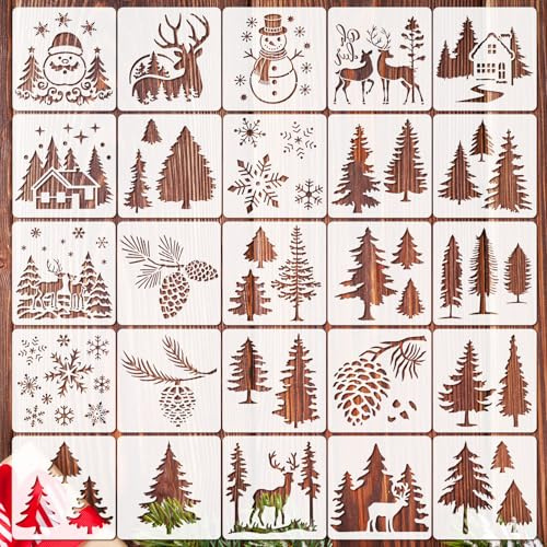 OOTSR 25Stk Weihnachten Kiefer Schablonen für Basteln,13cm Weihnachten Schablone Wiederverwendbar Malschablonen Zeichnung Holz Wand Leinwand Deko