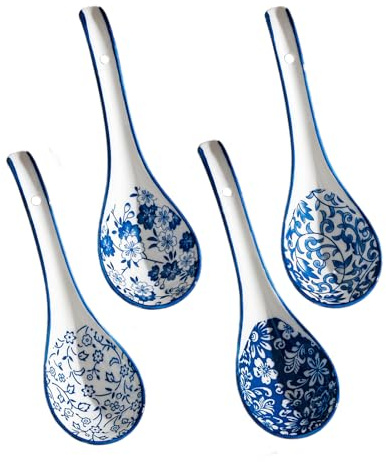 Counius 4 Stück Suppenlöffel,Asiatische Suppenlöffel,Keramik Löffel,Blauer und Weißer Porzellanlöffel,Antikes Muster Lamian Nudeln Löffel,Verwendet für Reisknödel und Wonton Miso