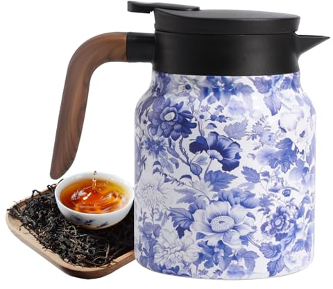 Woalopted Thermokanne Isolerkanne Mit Teesieb, Thermoskanne Mit Vintage Blumenmuster Vakuum, 1000 Ml Edelstahl Isolierte Isolierkanne Thermo Kaffeekanne, Praktische Edelstahl