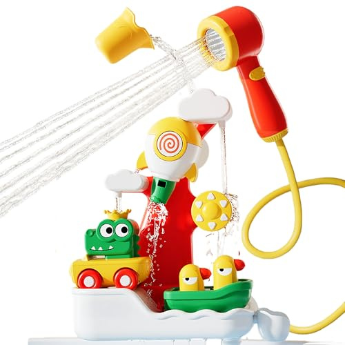 4-in-1 Interaktives Badespielzeug Set mit Babydusche, Wasserrad, Entenboot, Krokodilauto & Raketen-Pfeife, Wasserspielzeug, Badewannenspielzeug für Babys & Kleinkinder 1-4 Jahre