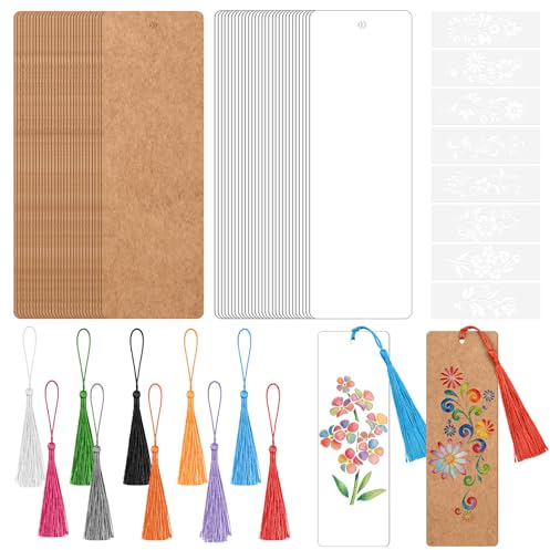 Bouiexye Lesezeichen-Bastelset mit 60 leeren Lesezeichen zum Selbstgestalten und 60 bunten Quasten für Bastelarbeiten, Schulprojekte und Geschenkanhänger