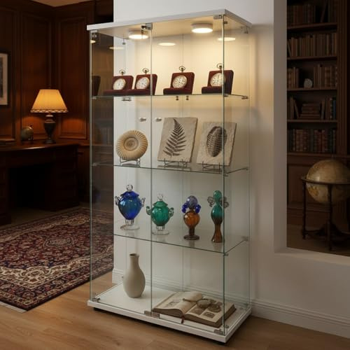 PLLBIKK Glasvitrine mit LED, 80.6x36.5x164.5cm Standvitrine mit Schloss, 2 Tür 4 Lagen Vitrine Glas Sammlervitrine Vitrinenschrank Glasvitrine Stehend für Wohnzimmer, Schlafzimmer, Büro (Weiß)