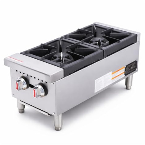 Commercial 2 Burner Hob Stove Countertop – Heavy Duty Stainless Steel Cooker with Cast Iron Pan Supports for Restaurants, Catering & Professional Kitchens (Stainless Steel, Natural Gas)