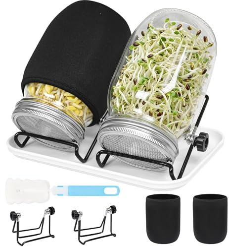 Newthinking Seed Sprouting Jar Kit 2 Pcs, 1000ml Mason Jars with Sprout Lid | Wide Mouth Jars, Stainless Steel Screened Sprout Lids, Trays, Stands, Shading Cloth, Brush, Sprouts Growing Kit for Broccoli